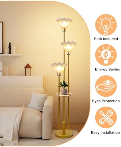 3-Flower Floor Lamp with Table Dimmable Gold Floral Floor Lamps