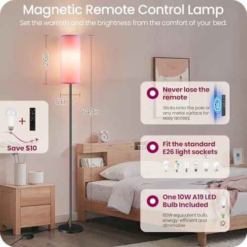 2 Pack Dimmable Pink Floor Lamps for Living Room with 2 Remotes and Foot Switch, Corner Floor Lamp, 64.4'' Standing Tall Lamp, 10W 900LM Bulb Included, 3000K-6500K, Linen Shade, FCC Listed P06LDP205W1