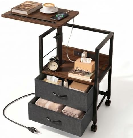 Faesun Night Stand with Charging Station & Swivel Top, Walnut Gray