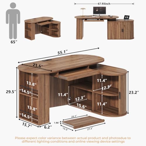 HSH L Shaped Office Corner Desk with Storage Cabinet Walnut 55 Inch