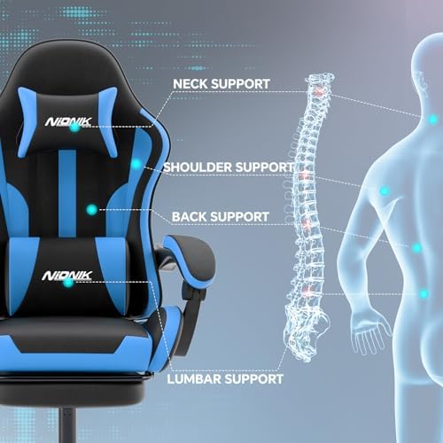 Gaming Chair, Ergonomic Computer Chair with Footrest and Lumbar Support, Height Adjustable Game Chair with 360°-Swivel Seat and Headrest and for Office or Gaming BlackBlue