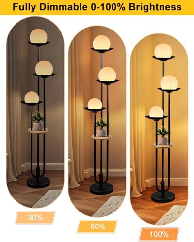 63IN Globe Floor Lamp with Table, 3-Lights Modern Dimmable Floor Lamps with 3000K Warm White Bulbs for Wedding/Party, Black Tall Standing Lamp with 5Lbs Heavy Base for Living Room/Bedroom