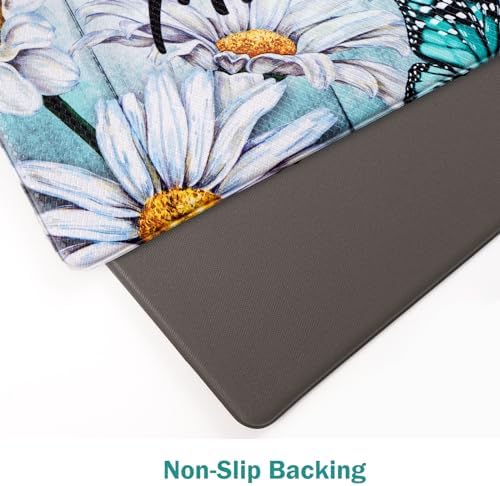 Likiyol Butterfly Floral Kitchen Mats for Farmhouse, Non Slip, Washable Anti Fatigue Mats - White Daisy Rugs, 18'' x 30'' + 18'' x 48'' + 18'' x 60''