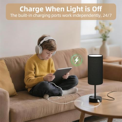 Bedside Table Lamp, Dimmable Touch, AC Outlet, USB A+C (Black)