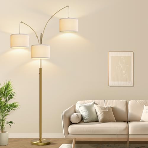 Dimmable Floor Lamp, 3 Lights Brass Arc Floor Lamp, Modern Tall Standing Tree Lamp with Beige Linen Shades & Heavy Base, 3000LM LED Bulbs, Bright Lighting for Living Room, Bedroom, Office & Reading