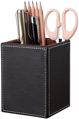 KINGFOM PU Leather Square Pens Pencils Holder Cup Desktop Stationery Organizer Case Office Accessories Container Box Brown