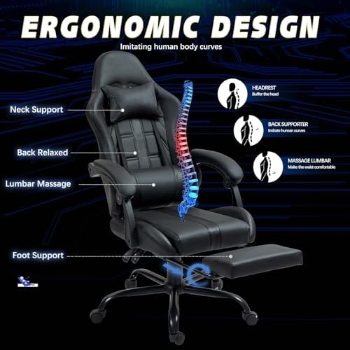 Gaming Chair with Ergonomic Footrest & Massage Lumbar Support, Black