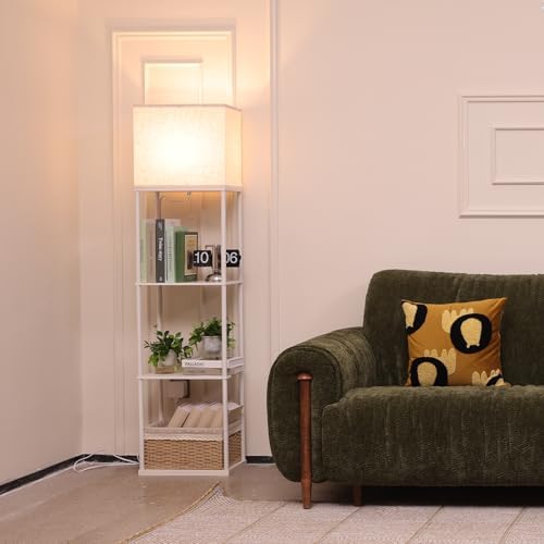 Gupuzm Floor Lamp with Shelves, Large Size Rectangle Standing Lamp with 3 Color Temperature Bulb, Corner Display Bookshelf Lamp for Living Room, Bedroom and Office（White-9W）