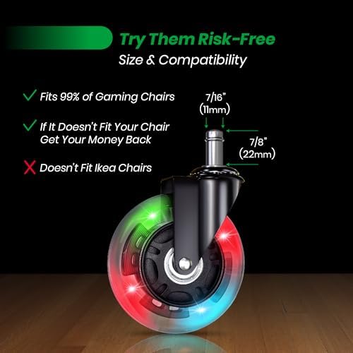 Gaming Office Chair Wheels Replacement — 3″ Heavy Duty Caster Wheels for Desk Chairs, Smooth Rolling Chair Casters, Safe for Hard Floors and Low Carpets, Universal Fit (Set of 5, RGB)