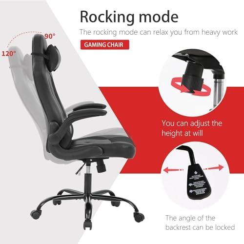 Massage Gaming Chair, PU Leather Gaming Chairs for Adults, Comfy Office Chair Ergonomic Desk Chair Computer Chair with Flip Up Arms, Swivel Reclining Gamer Chair, Height & Backrest Adjustable, Black