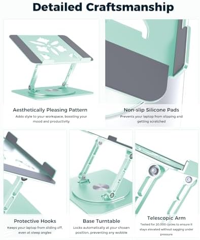 Aoviho 360° Rotating Laptop Stand for Desk | Adjustable, Foldable, Portable Aluminum Ergonomic Riser | Compatible with MacBook, Dell, HP & All Laptops 10-16 inch | Mint Green