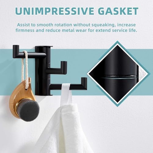 Suyar Swivel Towel Hook with 3 Arms, Bathroom Coat Robe Holder Matte Black