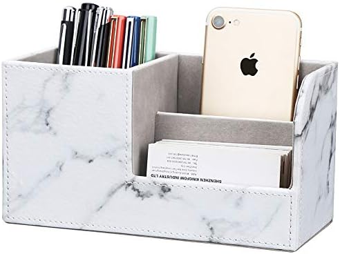 KINGFOM Desk Organizer Office Supplies Caddy Pu Leather Multi-function Storage Box Pen/Pencil,Cell phone, Business Name Cards Remote Control Holder Gray Marble