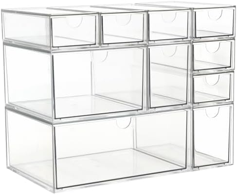 Acrylic Makeup Organizer, 10 Drawers Clear Storage Organizer Desktop Stackable Storage Drawers, Plastic Organizer Bins for Makeup, Stationery, Cosmetics, Vanity, Bathroom,Cabinet,Pantry Office Desk
