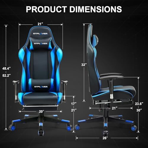 GTPLAYER Gaming Chair with Footrest, Ergonomic Computer Game Desk Chair, Reclining Gamer Chair Seat Height Adjustment, Swivel Rocker with Headrest and Lumbar (Blue)