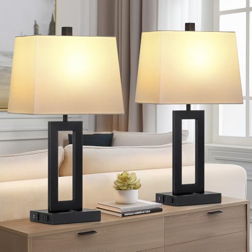 Cinkeda Black Bedside Table Lamp Set of 2,Nightstand Lamps with USB Ports