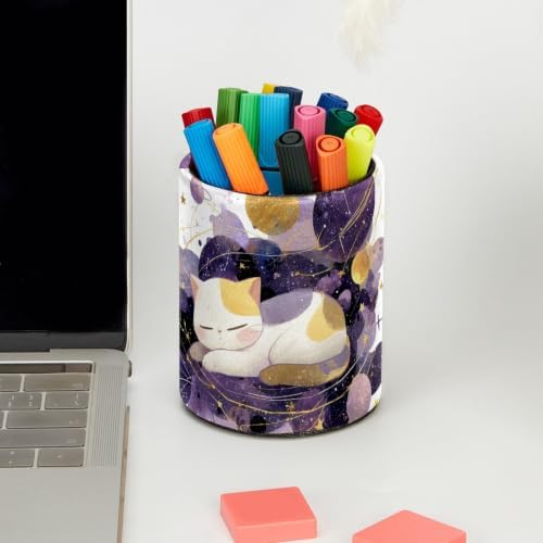 Leather Pen Holder for Desk, Space Cat Pencil Cup Pen Organizer Makeup Brush Holder for Office Home Kids Countertop Desk Accessory Storage