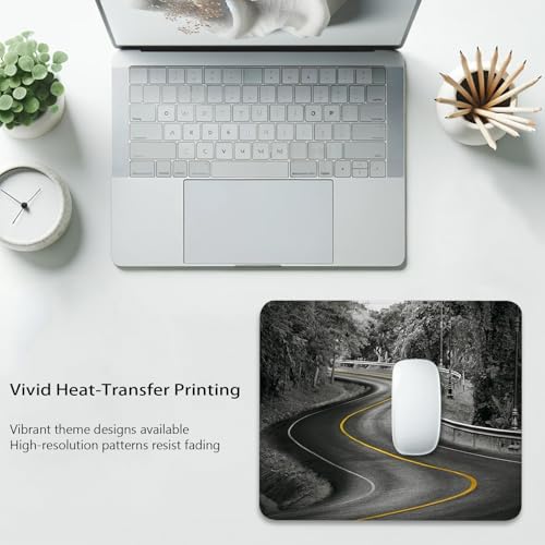 Curvy Asphalt Road with Yellow Line in Middle Mouse Pad, Nature Desk Mat