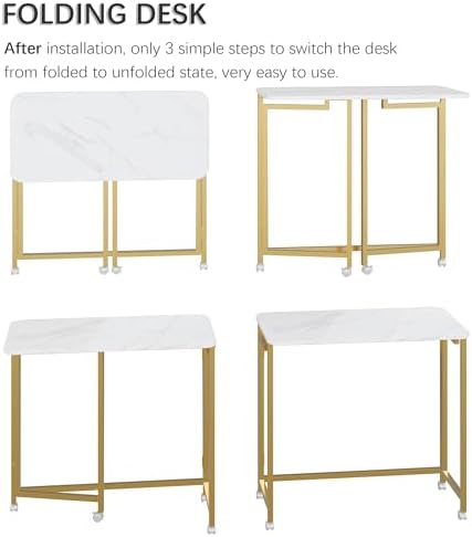 4NM 27.5" Mobile Small Rolling Computer Desk, Folding Laptop Cart Table with Wheels, Portable Office Desk for Small Space Couch Bed - White and Golden