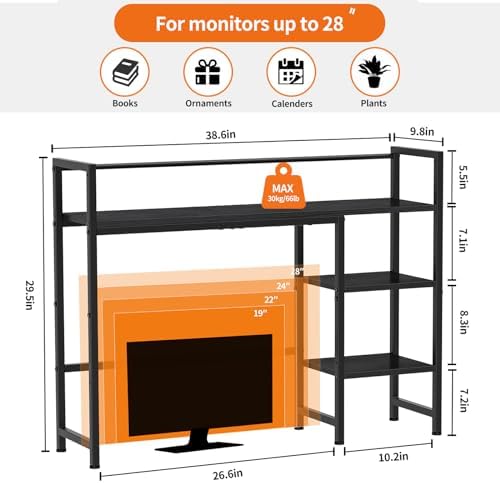 Snughome Desk Shelf, 38.6" Desk Hutch for Computer Monitor, Desktop Organizer Shelf, 4 Tier Desk Display Rack, Wood Desktop Bookshelf Storage Rack for Home Office Dorm, Black