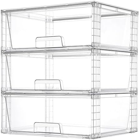 Vtopmart 3 Pack Large Clear Stackable Storage Drawers for Closet, Pantry