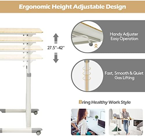 COSTWAY Mobile Height Adjustable Standing Desk, Compact Pneumatic Sit to Stand Computer Desk w/Lockable Casters, Ergonomic Rolling Laptop Table w/Steel Frame for Home Office (Natural)