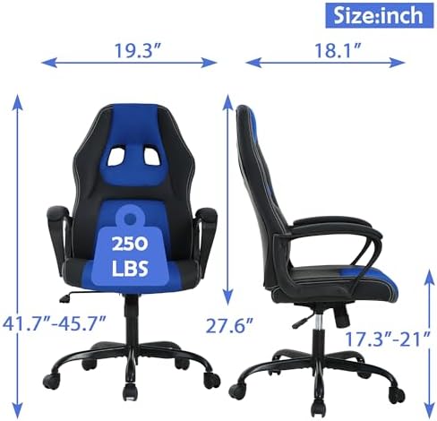 PC Gaming Chair Ergonomic Computer Chair High-Back Video Game Chiar with Lumbar Support Adjustable Swivel PU Leather Office Desk Chair Blue