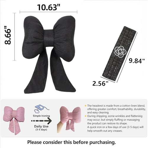 Car Seat Neck Pillow Elegant Bow Car Headrest Pillow Set - Cotton Linen Neck Cushion Universal Fit for Women Comes with 2 Seat Belt Covers (Black Set 4Pcs)