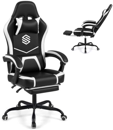 GIANTEX Gaming Chair, Height Adjustable Computer Desk Chair with Headrest, Lumbar Support, Linkage Armrests, Reclining Backrest & Footrest, Ergonomic Office Chair, Video Game Chair (Black)