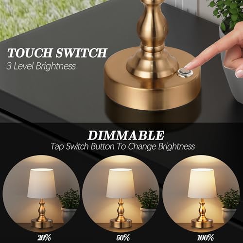 PARTPHONER Mini Cordless LED Table Lamp, 5200mAh Rechargeable Battery Operated Lamp, 3-Level Brightness, Touch Dimmable Desk Lamp, Bedside Night Light for Patio Camping Restaurant Home, Antique Brass