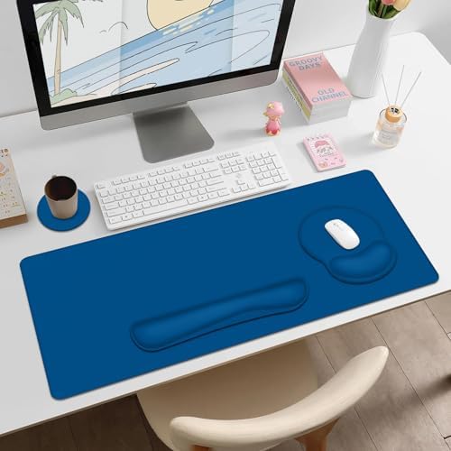 4 PCS Mouse Pad Desk Mat Protector, Keyboard Wrist Rest + Comfortable Mouse Pad with Wrist Rest +Coaster, Large Gaming Mousepad for Computer Laptop, 35.4"X 15.7" Deskpad for Office Home I Dark Blue