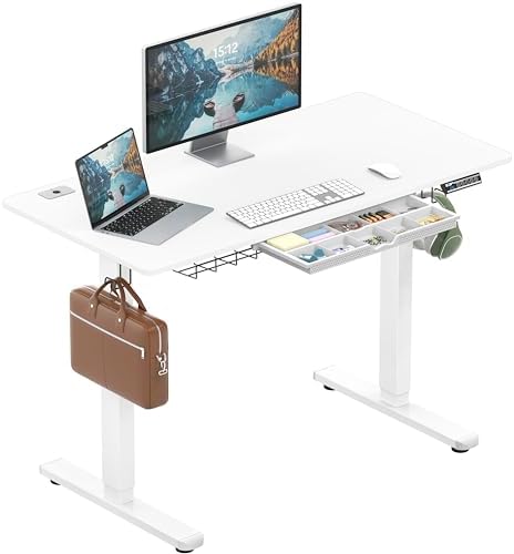 SHW 48-Inch Electric Height Adjustable Standing Desk w/Drawer, White