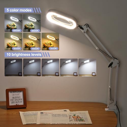 Drdefi 12X Square Magnifying Glass with Light and Stand, Real Glass LED Lighted Magnifier, 5 Color Modes Stepless Dimmable, Hands-Free Mag Desk Lamp with Clamp for Reading Craft Hobby Close Work White