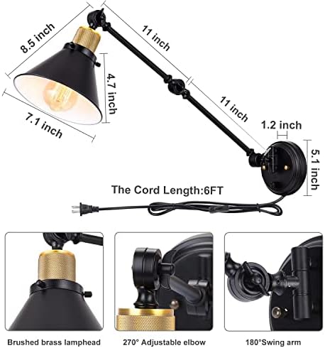 TRLIFE Plug in Wall Sconces, Dimmable Wall Sconce Swing Arm Wall Lights Plug in, Adjustable Wall Mounted Light Wall Lights with 6FT Plug in Cord, E26 Base(Two Arms, 2 Pack)