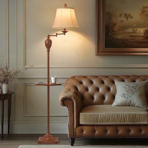 Traditional Floor Lamp with Tray, Remote Dimmable,350° Swing Arm and Walnut