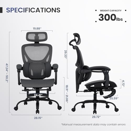 MALOL Ergonomic Mesh Office Chair with Footrest, Executive High Back Computer Desk Chair with 3D Adjustable Headrest & 5-Level Lumbar Support, Reclining Tilt Lock, 3D Arms, 300LBS Capacity, Grey