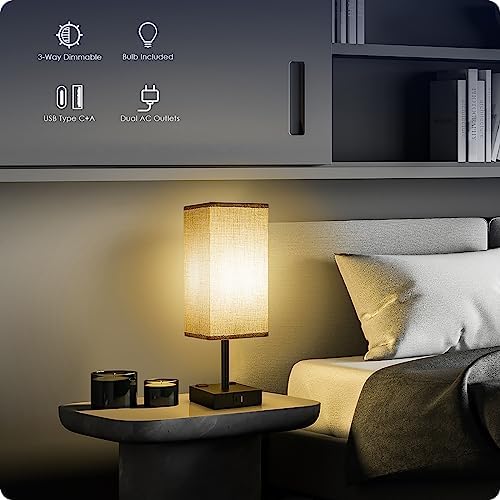 Bedside Table Lamps Set of 2 - Touch Nightstand Lamp for Bedroom with USB C+A Charging Ports & AC Outlets, 3-Way Dimmable Desk Lamp Grey Fabric Shade for Bedroom Living Room, Office(Bulb Included)