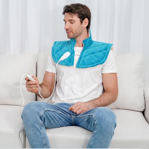 Electric Heating Pad for Neck and Shoulders, Shoulder Heating Pads, Weighted Neck Heating Pad for Pain Relief, 6 Heat Settings Far Infrared Heated Pad with Auto Off (Blue L)