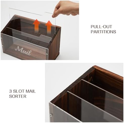 Solid Wood Mail Organizer 3 Slots with Clear Acrylic Dividers