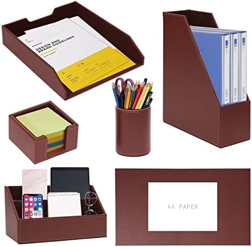 6 Piece Office Supplies/Desk Organizer Set with Desktop Leather Writing Pad,File Paper Tray,Magazine folder Holder, Pen Cup,Sticky Note Holder,Letter Mail Sorter,Workspace Decor for Women Men Brown