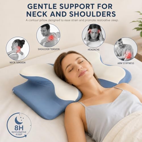 Ergonomic Cervical Memory Foam Pillow for Neck and Shoulder Support, Contour Butterfly Bed Pillow with Breathable Cover, Neck Support Pillow for Side Back and Stomach Sleepers (Blue)