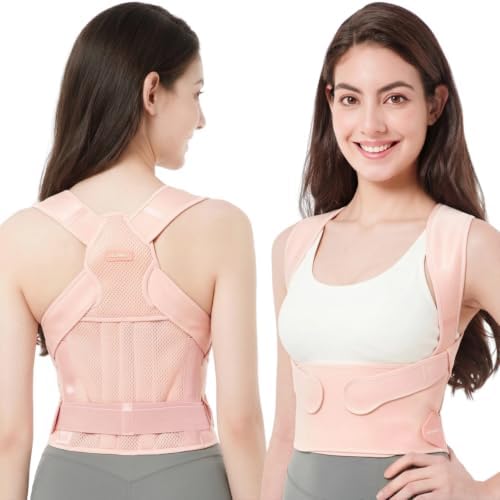 Vicorrect Posture Corrector for Women and Men: Adjustable Back Brace for Upper Back Support - Shoulder Neck Pain Relief - Lightweight Breathable Design (Pink Small)