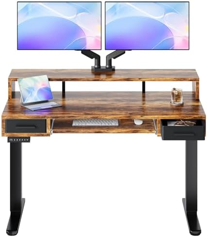 HUANUO 48″ X 26″ Electric Standing Desk with 2 Drawers &24.4″ Large Keyboard Tray, C-Clamp Mount Compatible, Adjustable Computer Desk for Office, Sit Stand Up Desk with 4 Height Presets, Vintage Brown