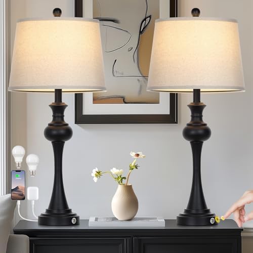 28.75 " 3-Way Touch Control Modern Table Lamp Set of 2 for Living Room , Bedside Lamp with USB A+C Ports, Mid Century Black Table Lamps, Nightstand Lamps Set ,Beige Fabric Shade Vintage Accent Style