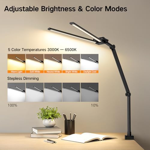 OUTON 29.5" LED Desk Lamp with Clamp for Home Office, 24W Eye-Caring Architect Desk Lamp for Dual Monitors, USB-C & USB-A Ports, Remote & Touch Control, 5 Color Temperatures, Stepless Dimming