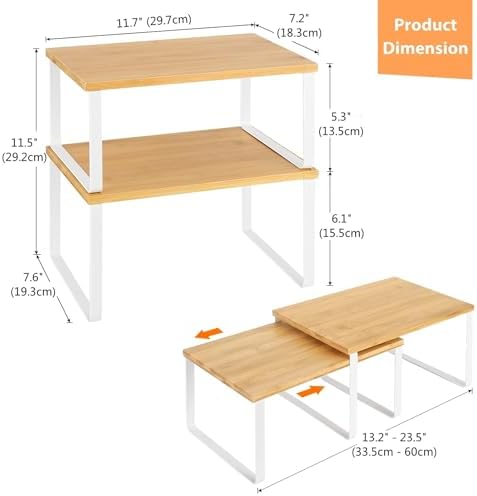 NEX Kitchen Cabinet and Counter Shelf Organizer, Stackable & Expandable, White and Natural (Pack of 2)