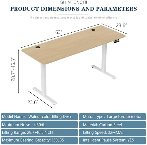 Shintenchi Standing Desk, 63x24 Inch Height Adjustable Electric Sit Stand up Desk, Ergonomic Rising Computer Table, Modern Lift Gaming Desk Workstation for Home Office, White