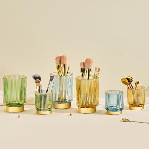 Makeup Brush Holder Organizer,Toothbrush Holders,Desk Pen Pencil Holder,Multifunctional Vintage Glass Brush Cup（S+L/Blue/A3-3-US）