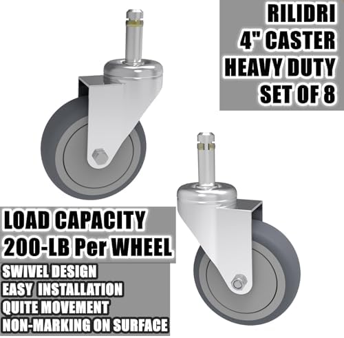 RILIDRI 4-Inch Swivel Stem Caster, 7/16-Inch Stem Diameter Rubber Wheel, Heavy Duty TPR Replacement Wheels for Rubbermaid Mop Bucket Cart Grill Casters - 8 Pack