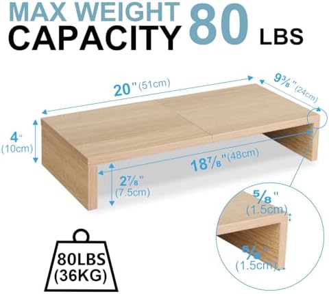 TEAMIX 2-Pack Monitor Stand Riser 20 inch, Wood Desk Computer Shelf, Maple